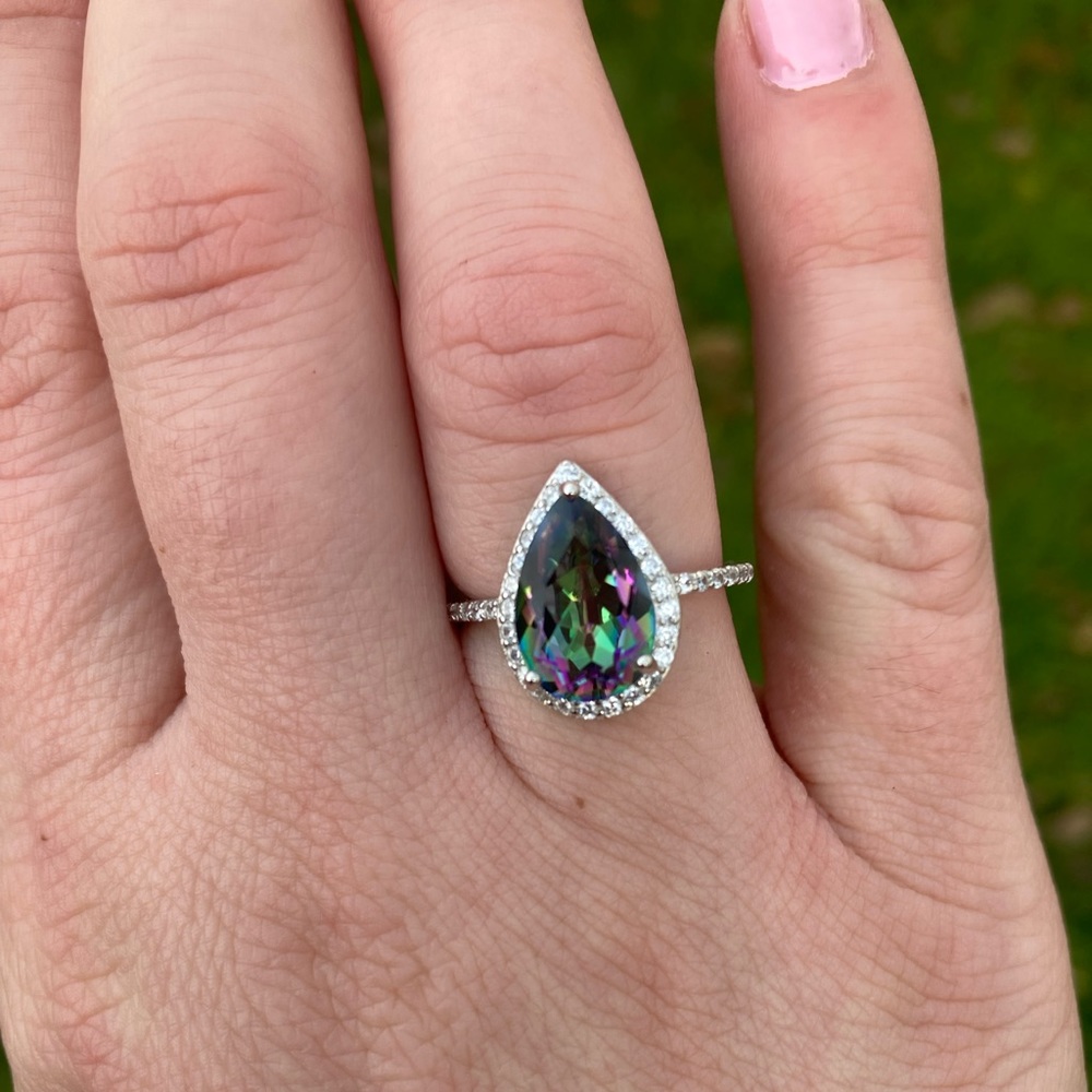 New Sterling Silver Genuine Mystic Topaz 4 CTTW Pear Shape Halo Ring Size 6.5 - Picture 5 of 6